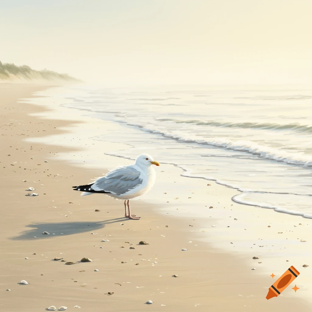 A lone seagull stands on a sandy beach with gentle waves in a soft, painterly style.