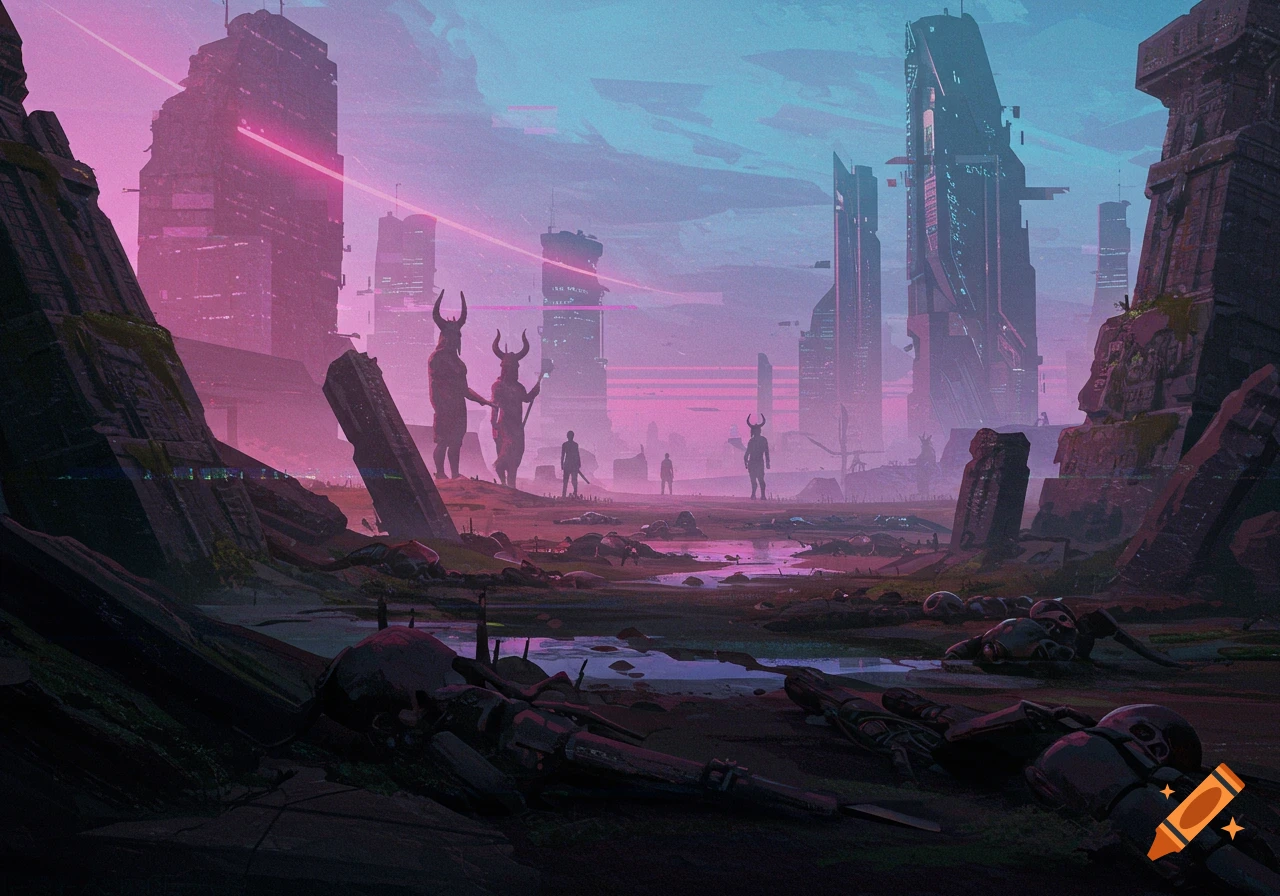Synthwave dystopian landscape with pink and blue hues, futuristic city ruins, and horned figures standing in desolate fields amidst robotic debris.