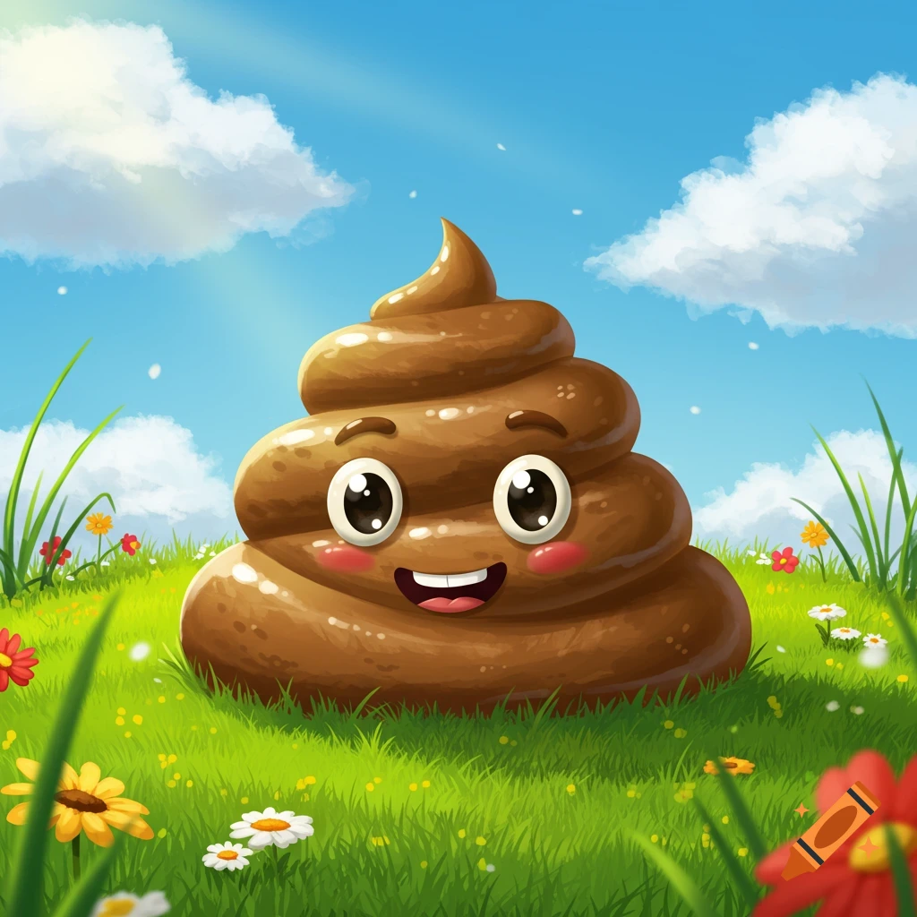 A happy cartoon poop emoji with rosy cheeks sits in a green field with flowers under a blue sky.