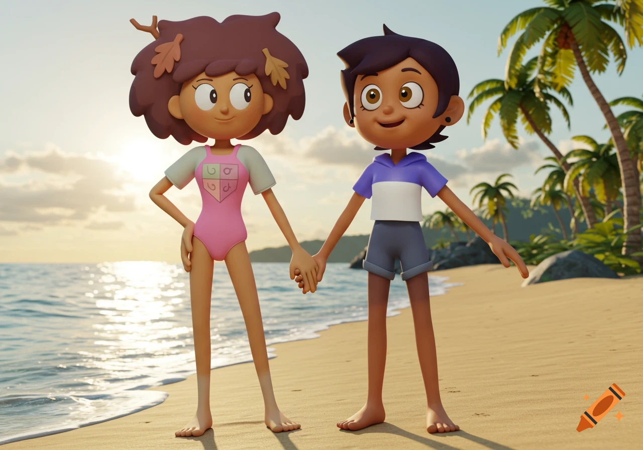 3D cartoon characters Anne Boochuy in a pink swimsuit and Luz Noceda in a purple and white top with shorts, holding hands on a sandy beach at sunset.