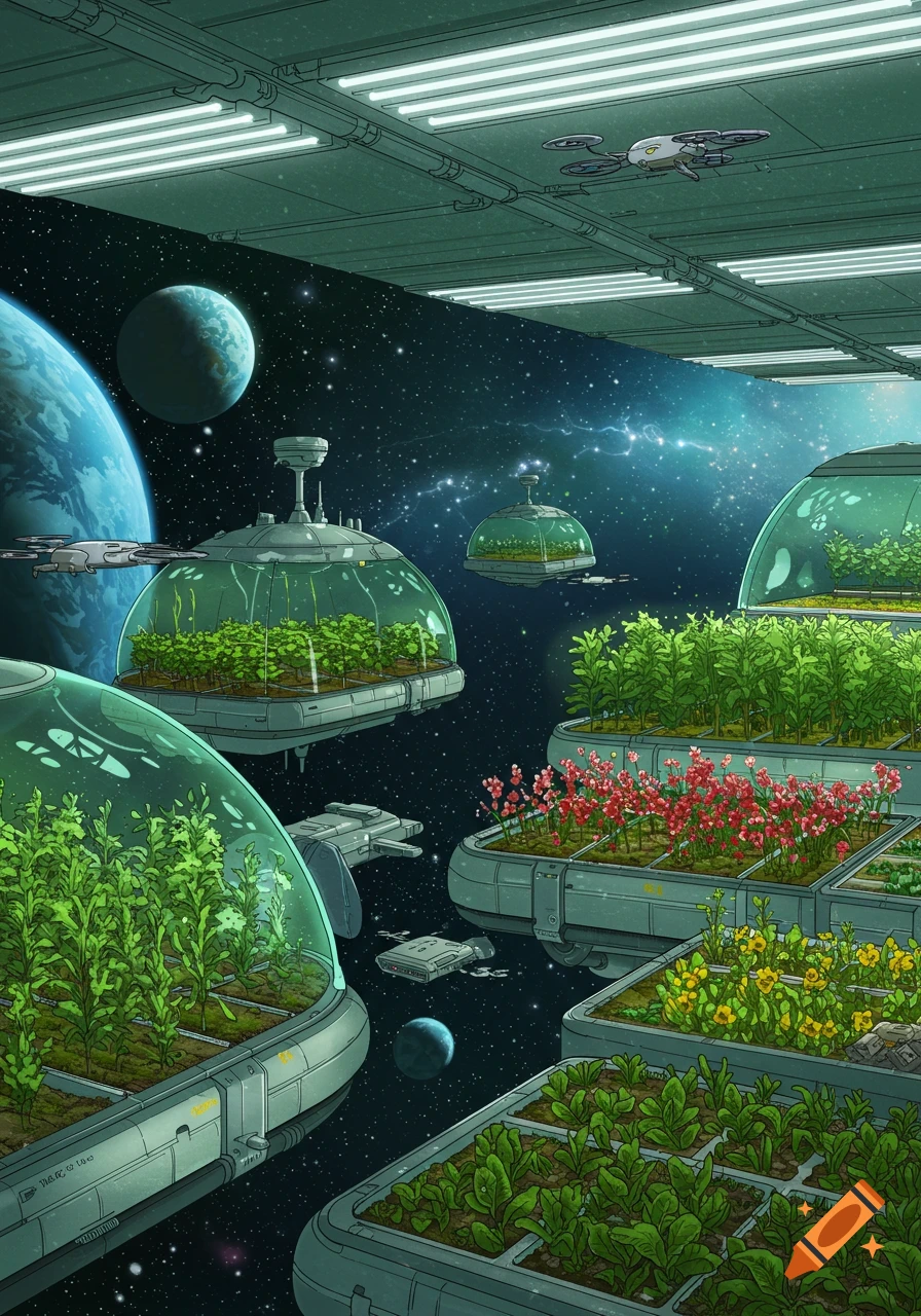 A vibrant illustration of a futuristic space habitat with numerous plant cultivation modules floating in space, featuring planets in the background. The style is detailed and animated.