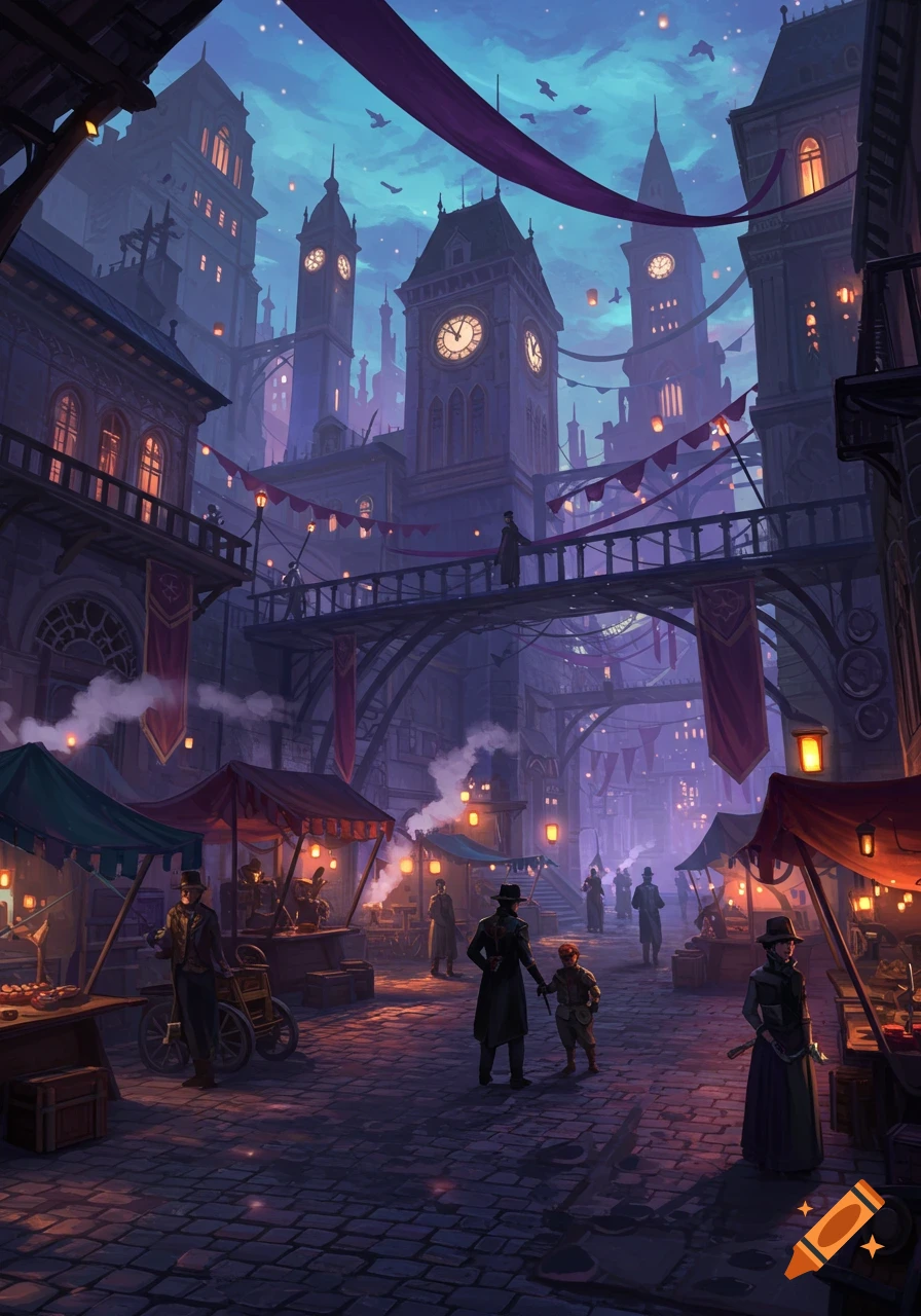 Fantasy cityscape at night, illuminated market stalls, towering clock towers, bridges, and people on cobblestone streets, concept art style.