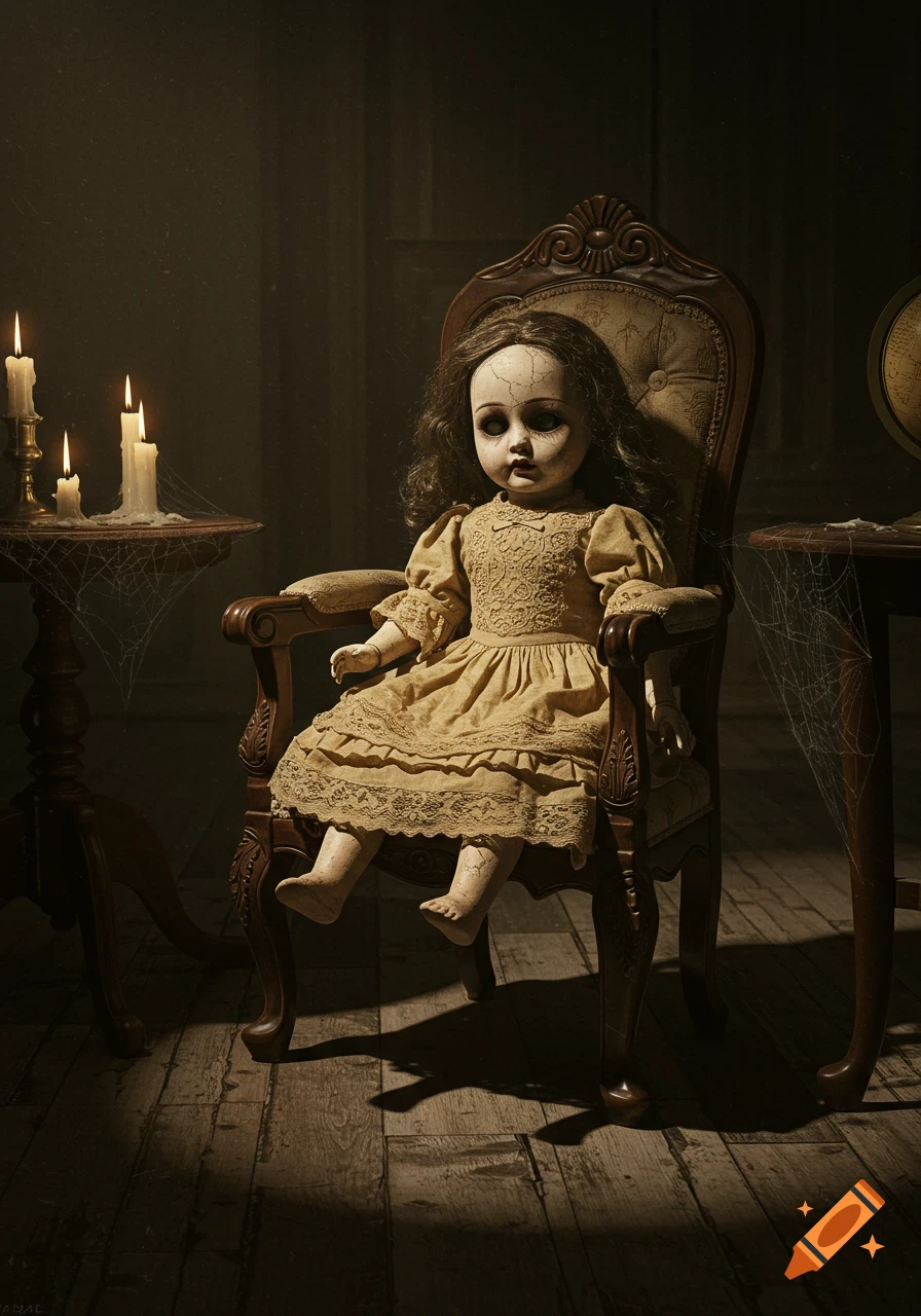 A creepy porcelain doll with cracks on its face sits in an ornate chair in a dark, candlelit room with cobwebs.