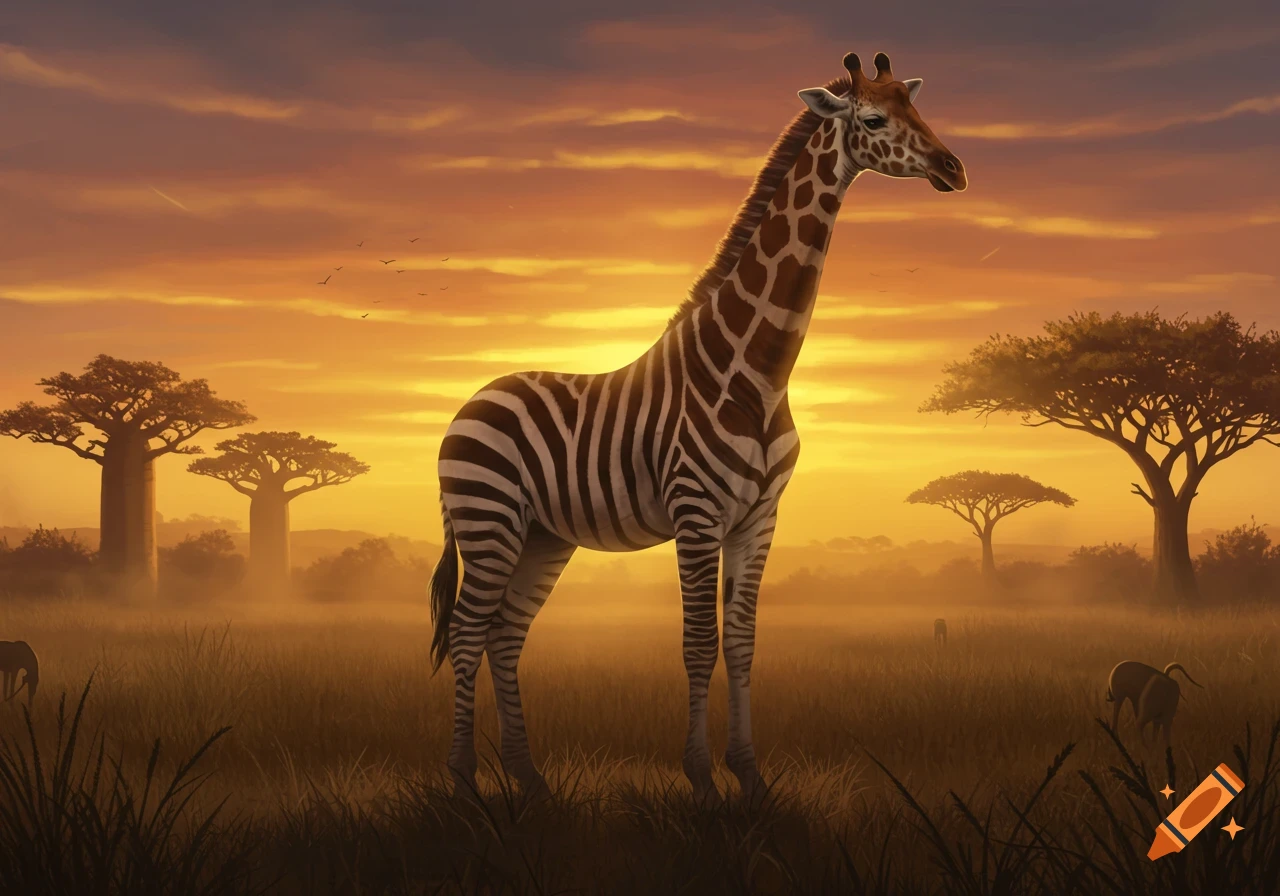 A striped giraffe-zebra hybrid stands in a grassy savanna at sunset, with baobab and acacia trees.