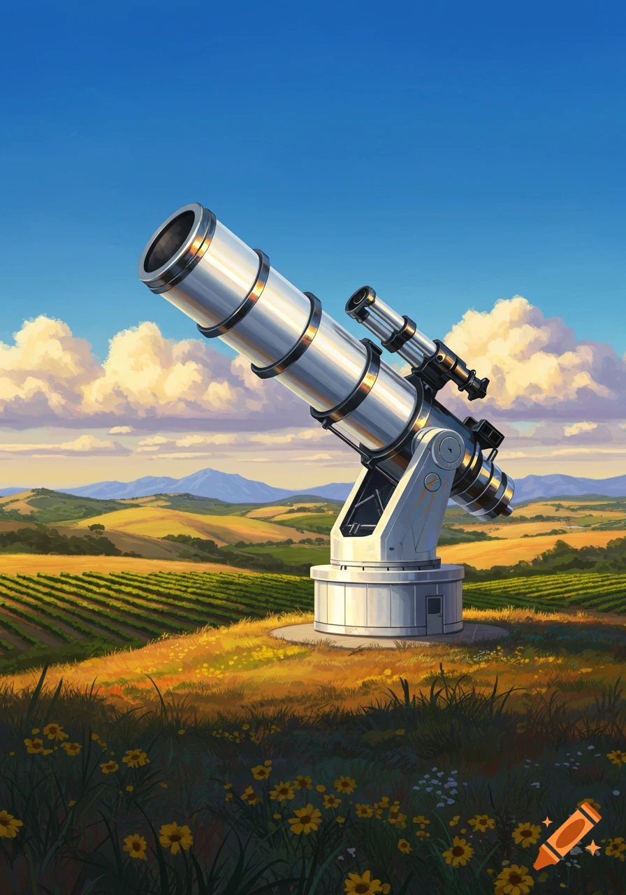 A stylized illustration of a large telescope on a grassy hill overlooking vineyards and mountains under a blue sky.