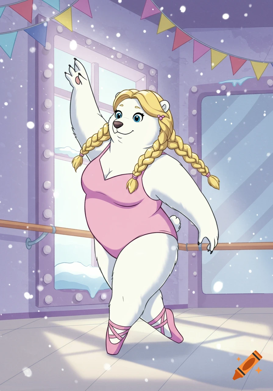 A cartoon female polar bear with blonde braids in a pink leotard and ballet shoes dances in a studio with a snowy window.