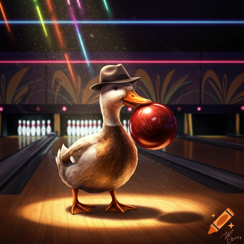 A duck wearing a fedora holds a bowling ball in its beak, standing on a lane in a neon-lit bowling alley.