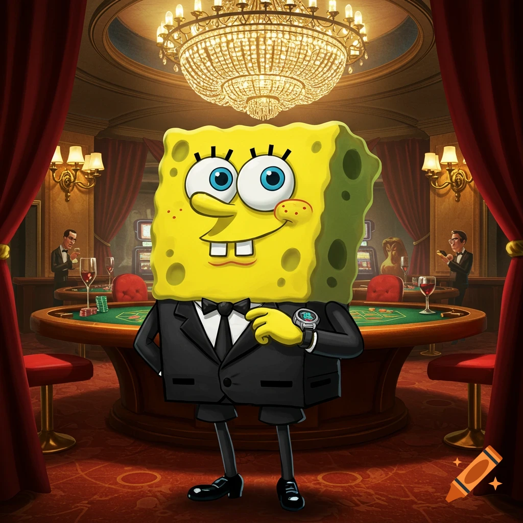 Spongebob Squarepants in a black tuxedo and bowtie, wearing a wristwatch, standing in an opulent casino.