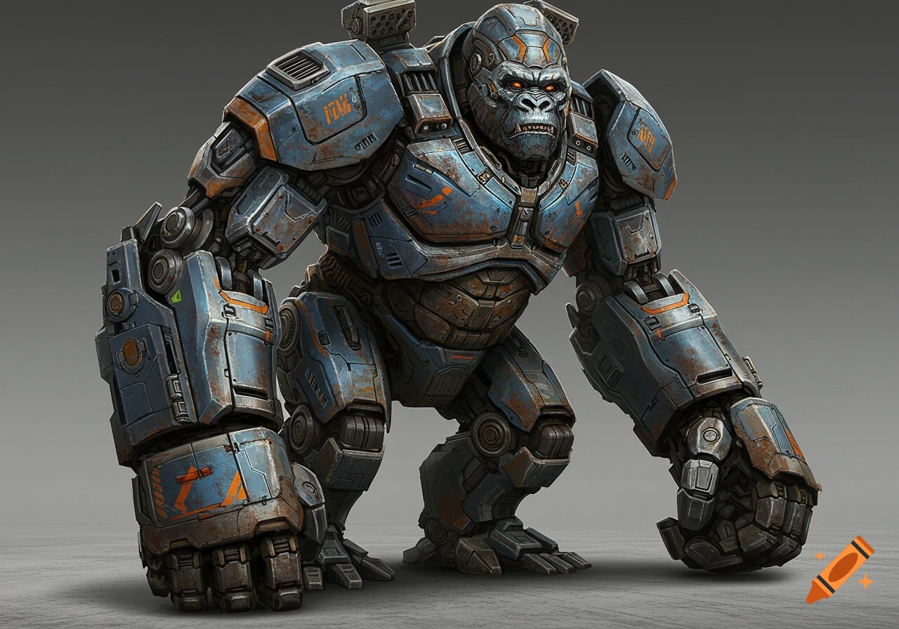 Powerful rusty blue and orange biomechanical gorilla robot with glowing orange eyes, standing in a hunched pose.
