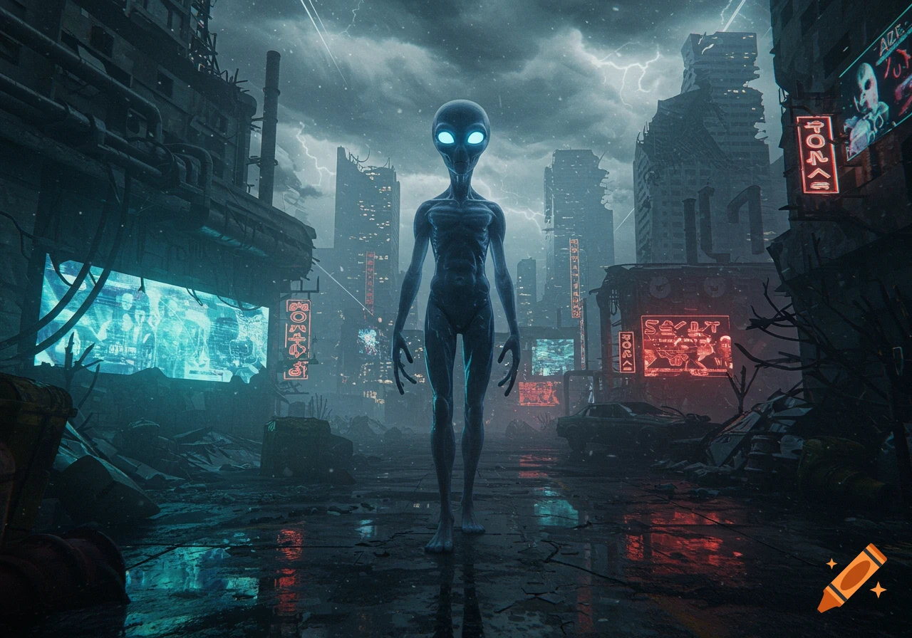 A tall alien with glowing eyes stands in a dark, ruined dystopian city under a stormy sky.