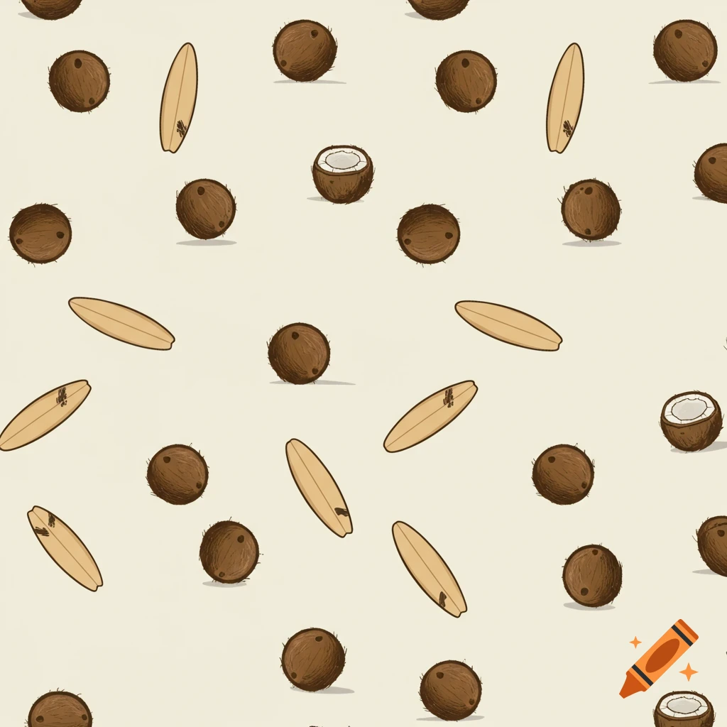 A seamless pattern featuring scattered brown coconuts, some whole and some halved, and light brown surfboards on a light beige background.