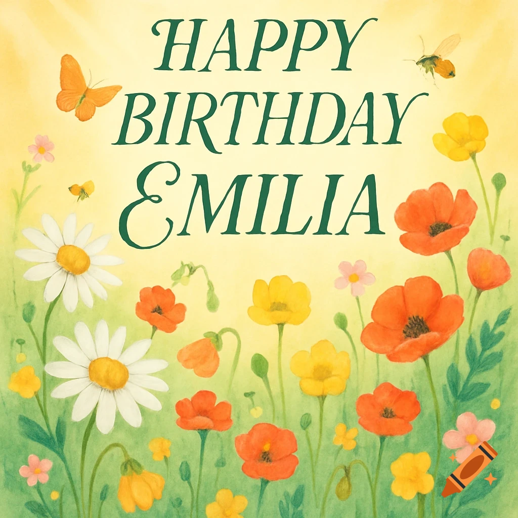Watercolor birthday card with 'Happy Birthday Emilia' text, colorful wildflowers, a butterfly, and a bee under a sunny sky.