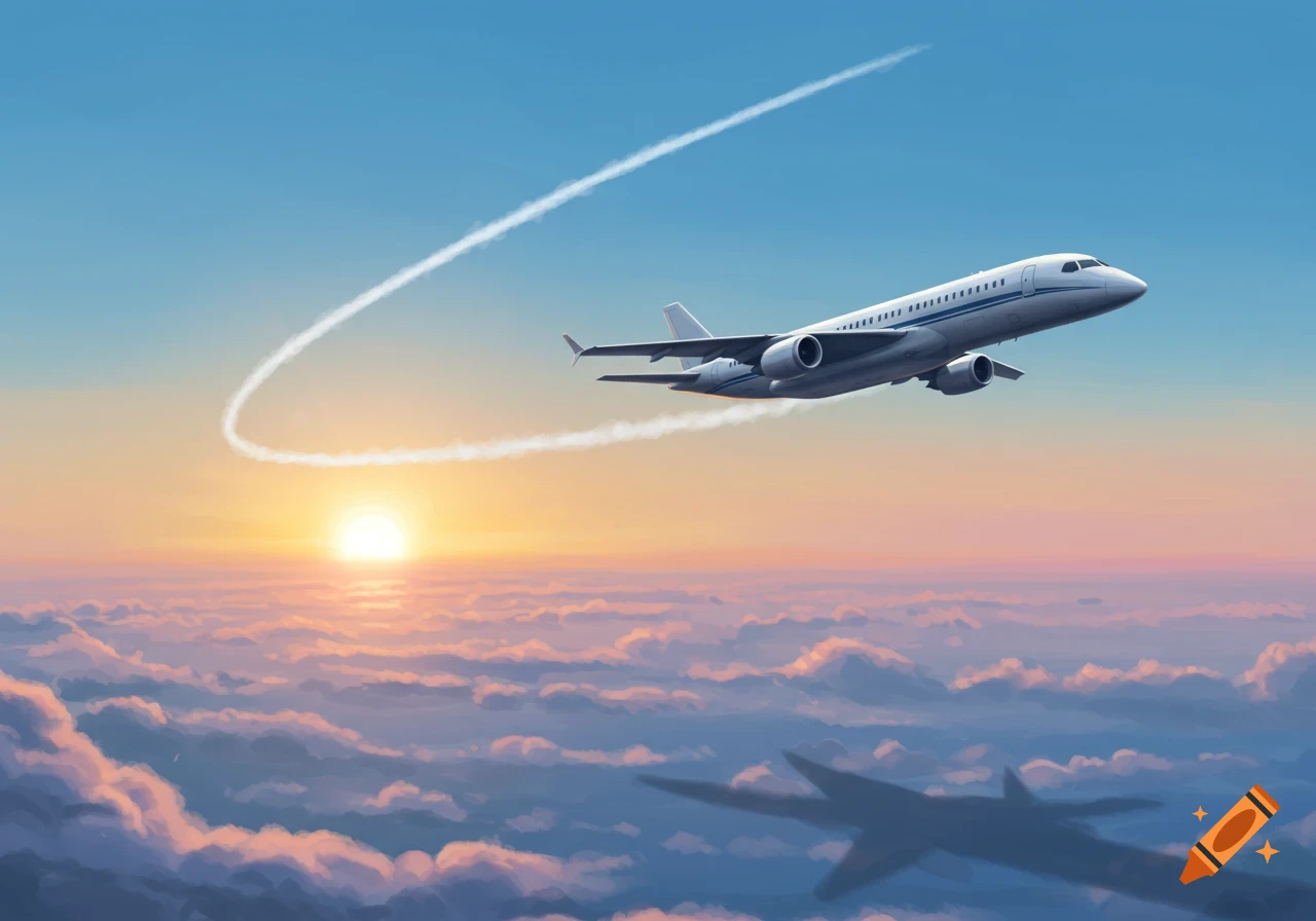 An airplane flies above a layer of clouds with a bright sunset on the horizon, leaving a contrail in the blue sky.