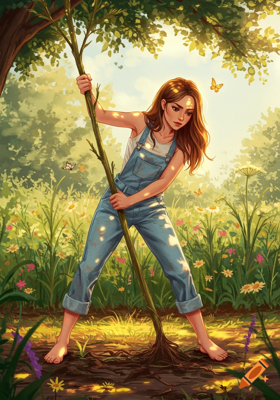 A young woman in overalls barefoot, pulls a sapling from sun-dappled earth in a vibrant meadow with wildflowers and butterflies, illustration.