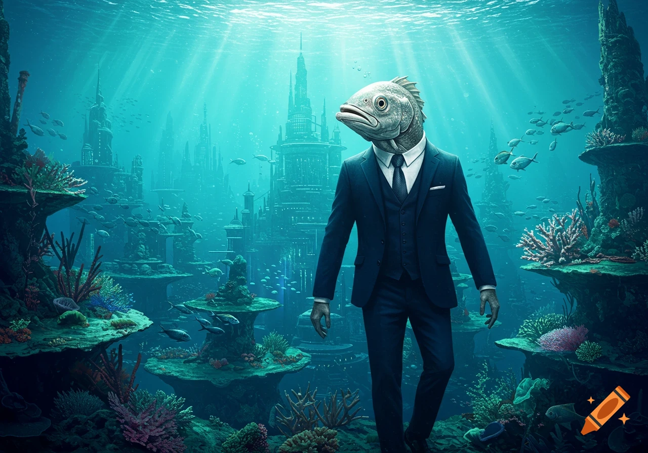 Photorealistic image of a fish-headed man in a dark blue suit walking through a vibrant underwater city filled with coral and fish.