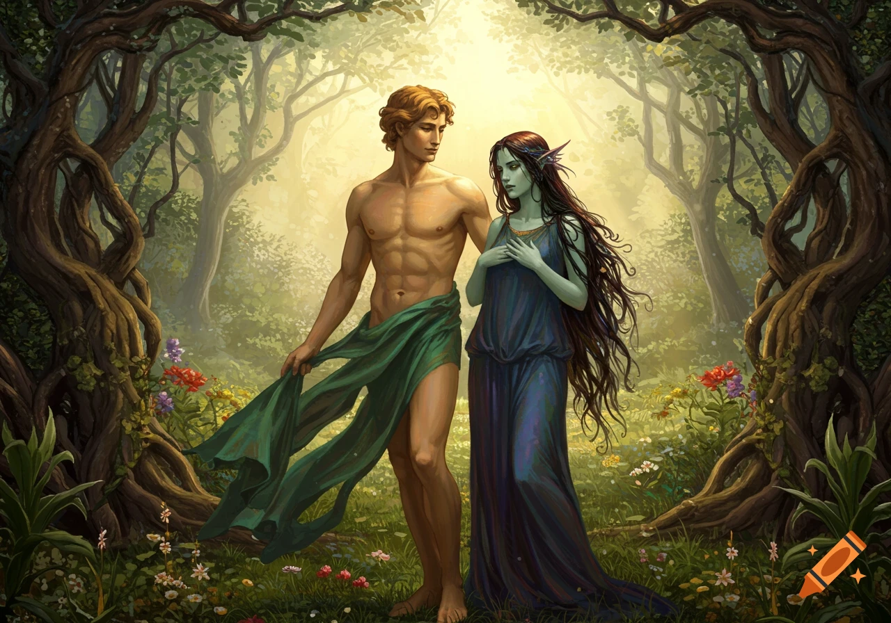 A man and a green-skinned woman with long dark hair stand in a sunlit enchanted forest, in an illustrative fantasy style.