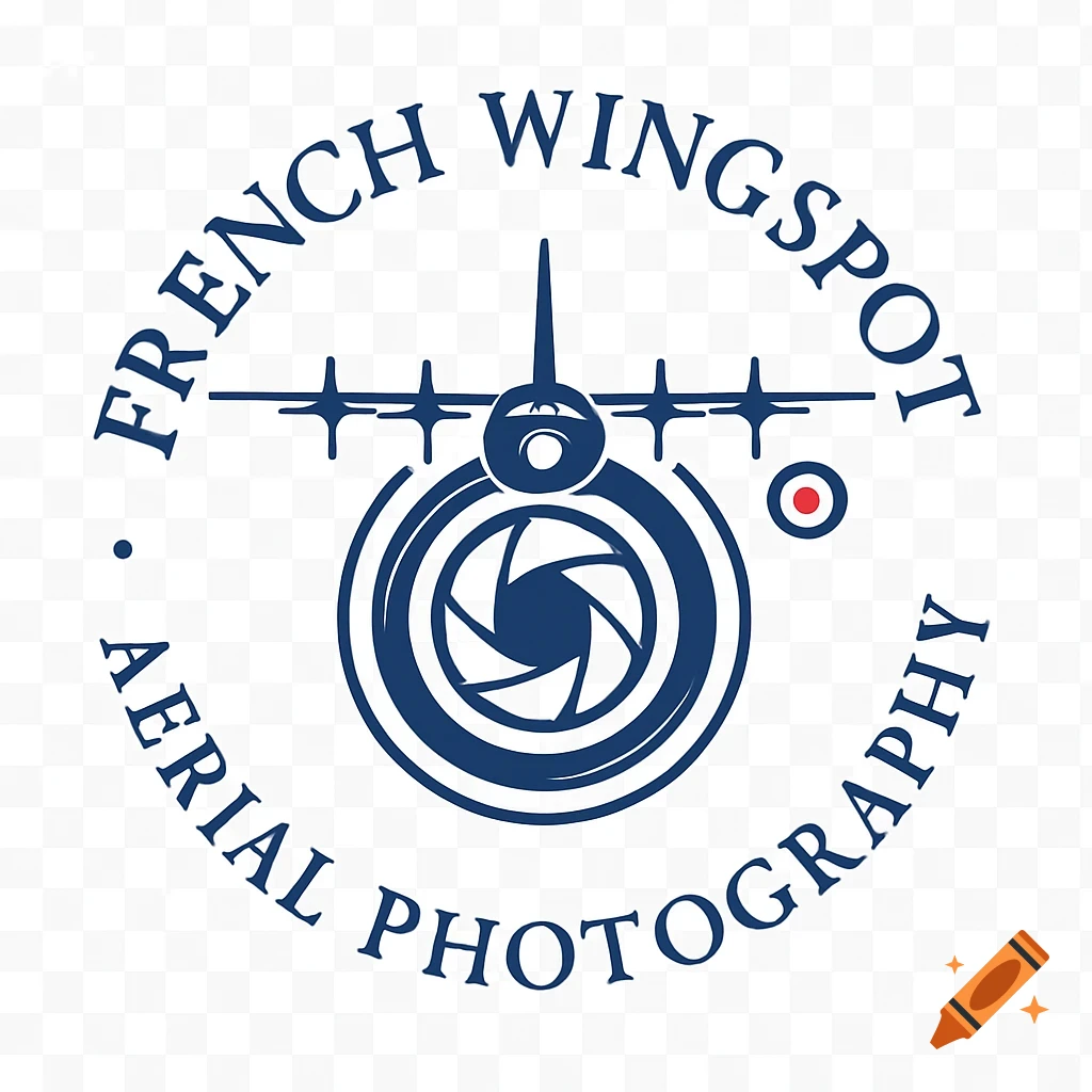Circular blue logo for 'French Wingspot Aerial Photography' featuring a stylized airplane above a camera aperture, with a small red, white, and blue roundel.