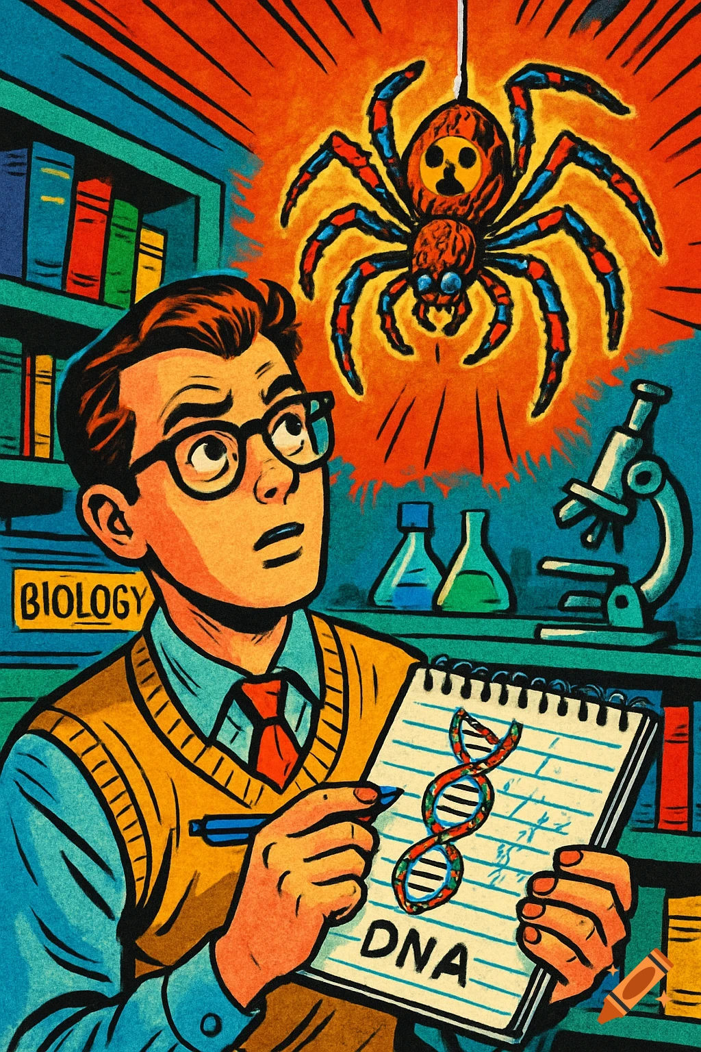 Comic book style art of a student, resembling Peter Parker, looking up at a glowing spider while holding a notebook with a DNA diagram, in a lab.