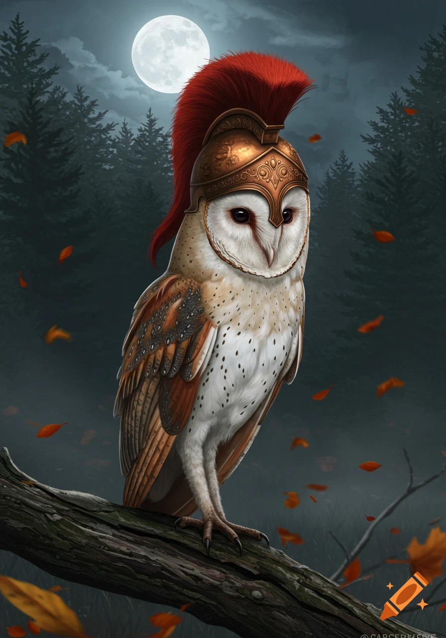 A barn owl wearing a bronze Trojan helmet with a red crest, perched on a branch under a full moon, surrounded by autumn leaves.