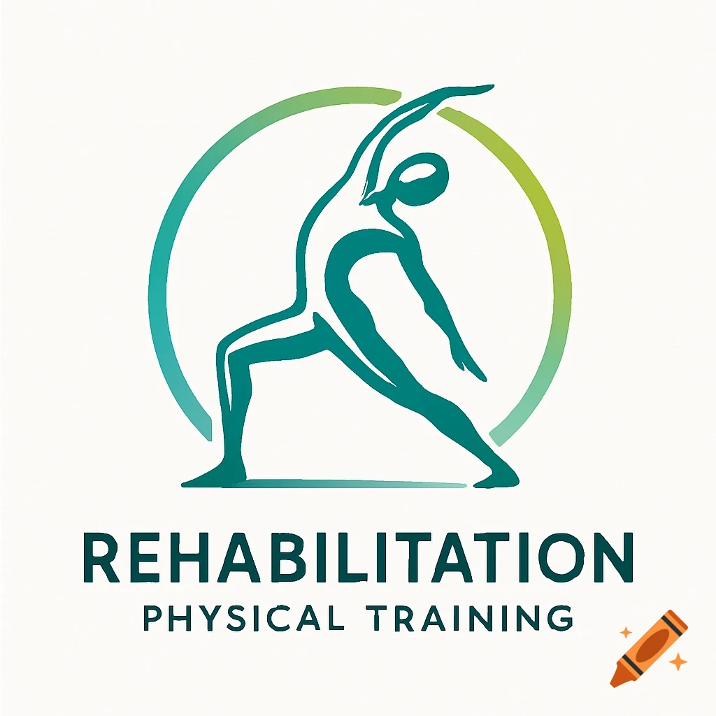 A logo with a stylized teal human figure in a yoga pose inside a green and teal gradient circle, above the words "REHABILITATION PHYSICAL TRAINING".