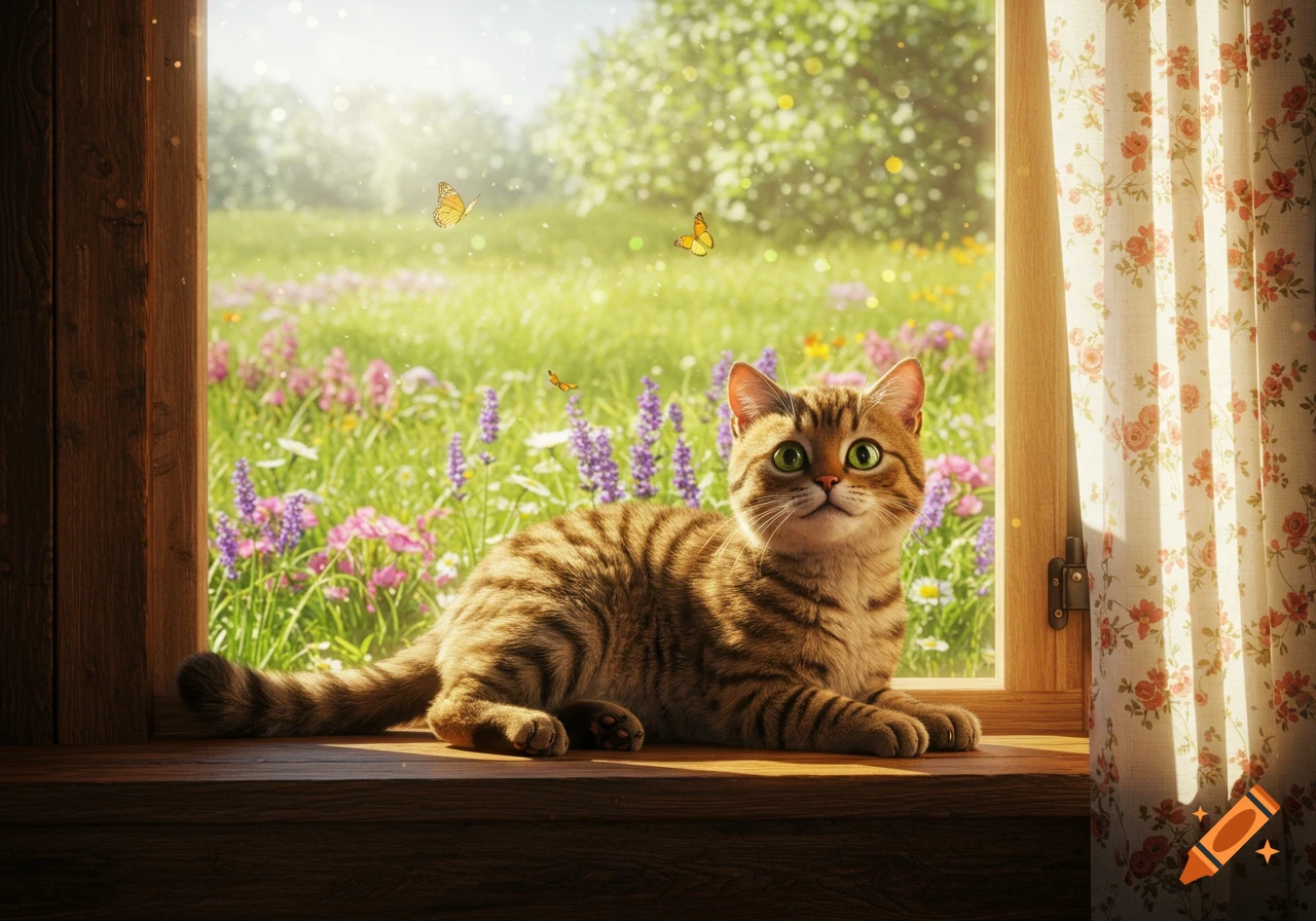 A tabby cat with large green eyes sits on a windowsill, looking out at butterflies in a sunlit flower garden.
