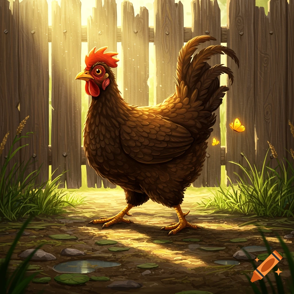 A brown chicken stands on dirt and grass in front of a sunny wooden fence with yellow butterflies.