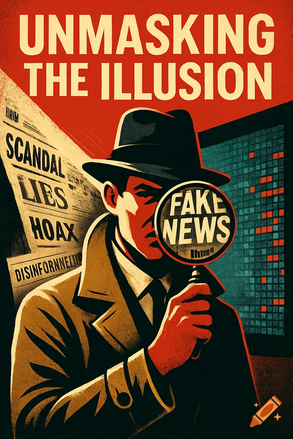 A graphic red and black poster depicts a detective-like man in a trench coat and fedora, holding a magnifying glass with "FAKE NEWS" written on it. Behind him are newspapers with "SCANDAL", "LIES", "HOAX", and garbled text. The top reads "UNMASKING THE ILLUSION".