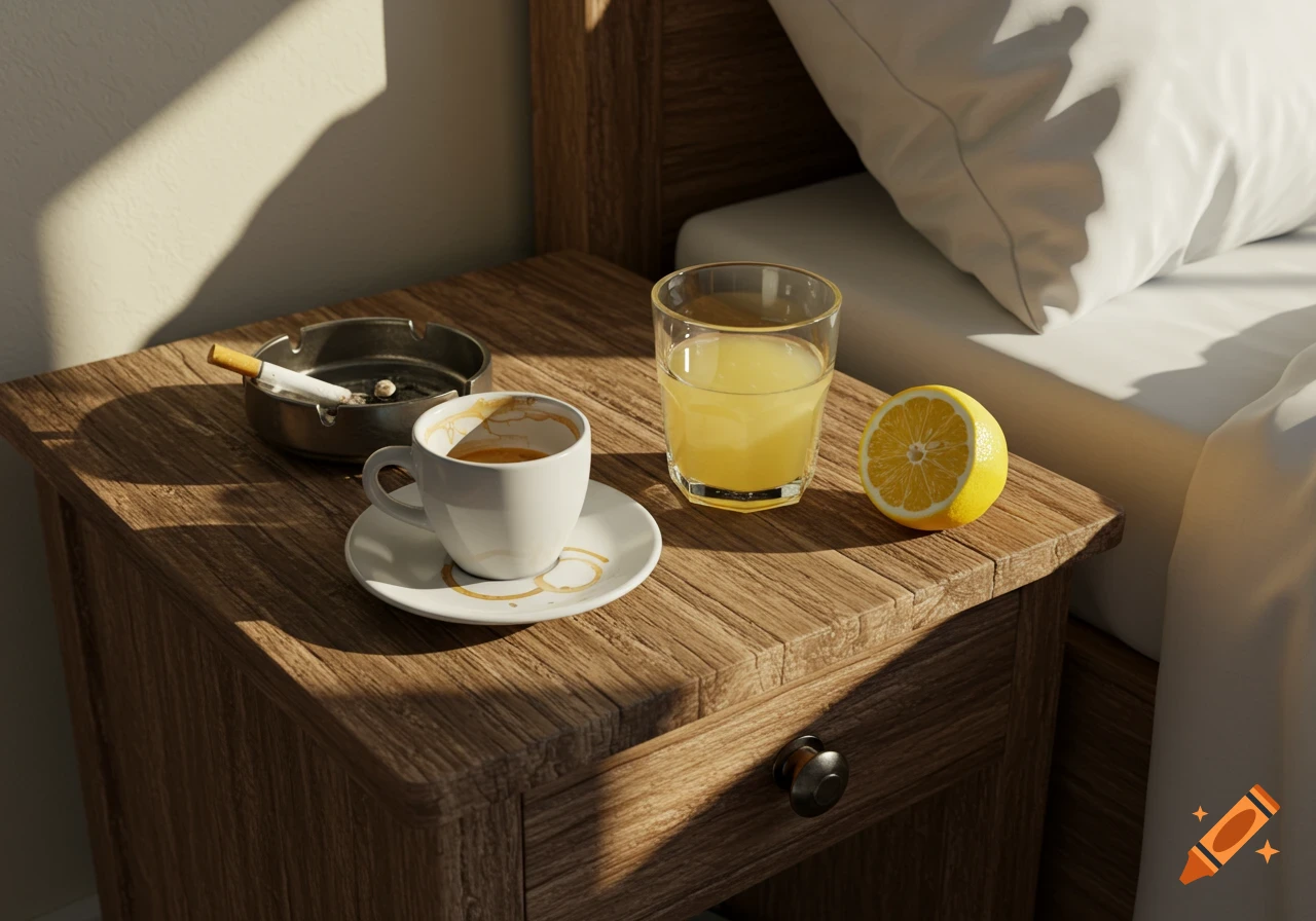 A realistic photo of a bedside table with an espresso cup, ashtray with a cigarette, lemon juice, and a cut lemon.