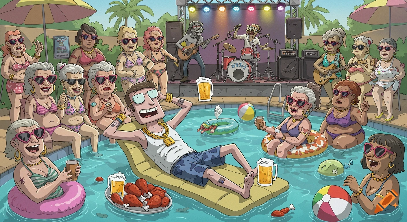Carl from Aqua Teen Hunger Force relaxes on a float in a pool, surrounded by older women in bikinis. A band plays on stage at the vibrant cartoon pool party.