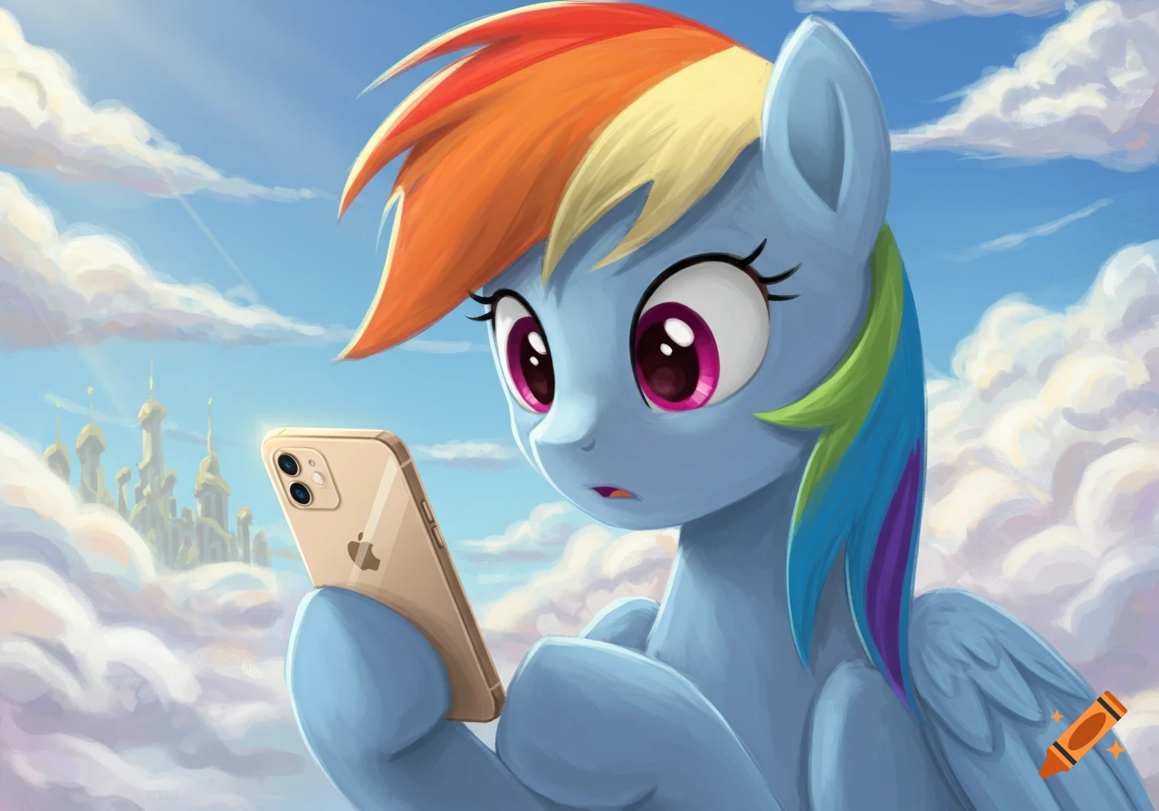 Cartoon blue pony Rainbow Dash looks at a gold iPhone in a cloudy sky with a distant castle.