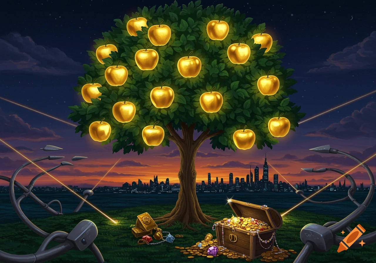 Illustration of a tree with glowing golden apples and a treasure chest filled with gold and jewels at night with a city skyline.