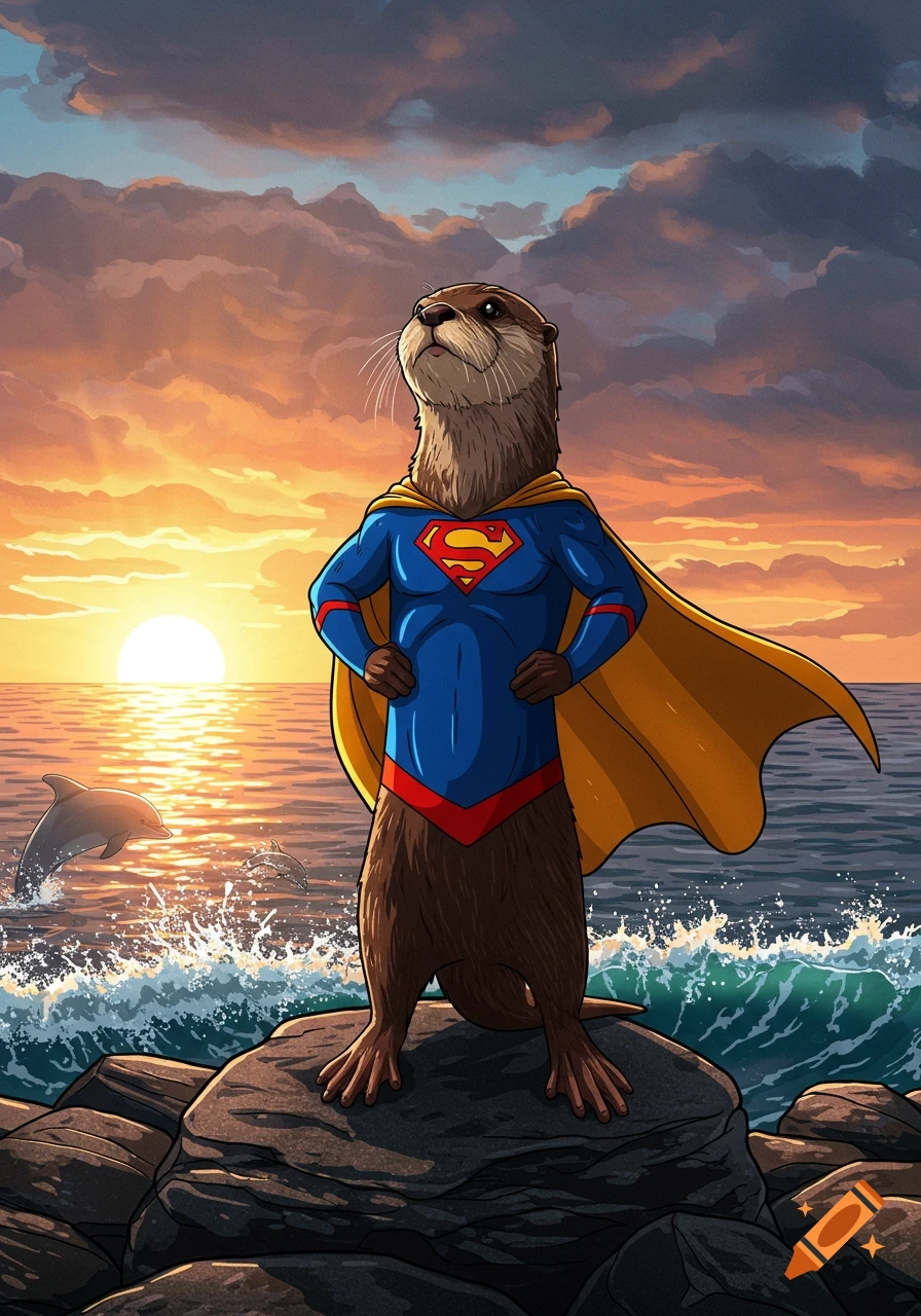 A superhero otter wearing a blue and red suit with a yellow cape and 'S' logo stands on rocks by the ocean at sunset. A dolphin jumps in the background.