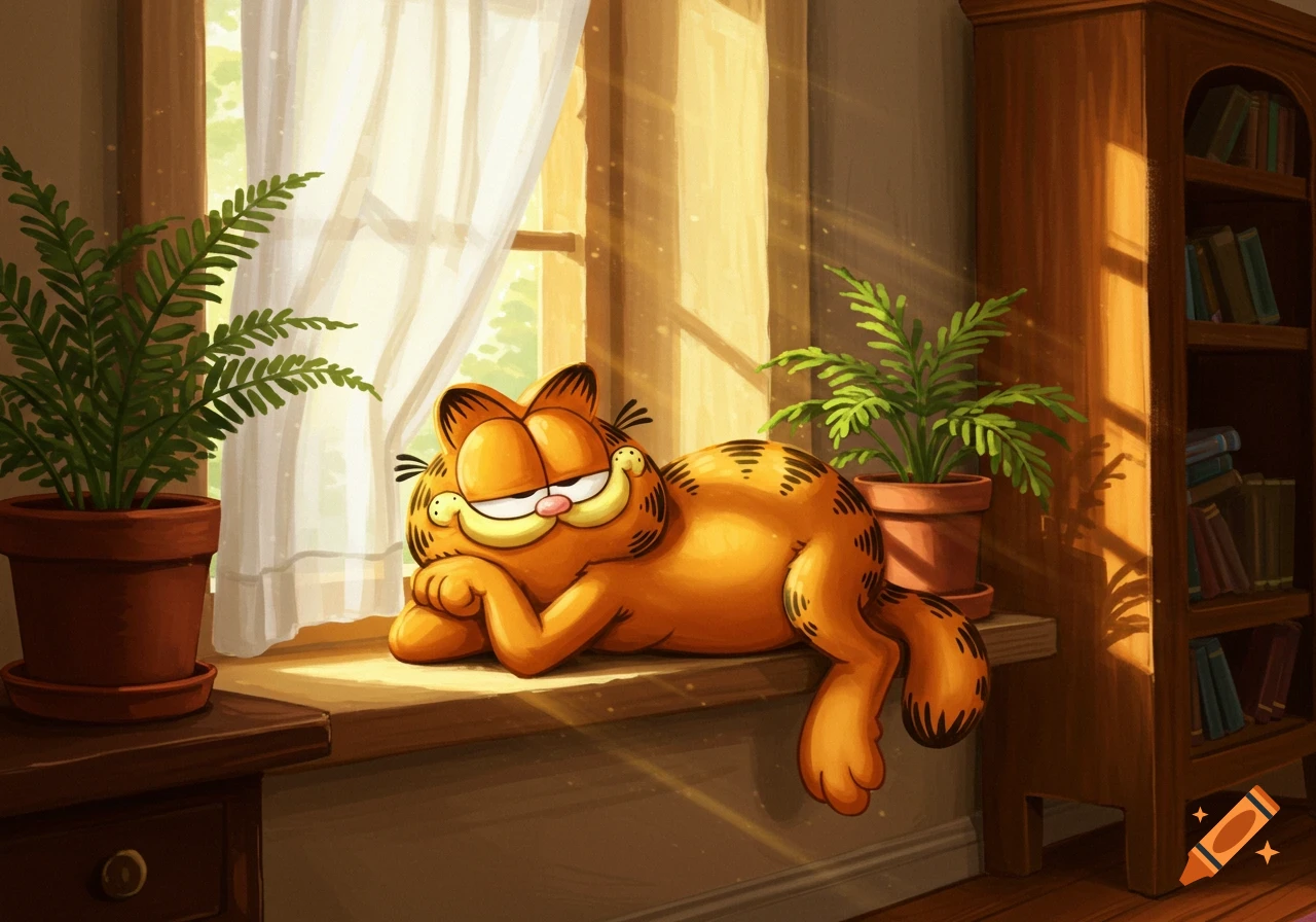 Cartoon Garfield, an orange tabby cat, sleeps peacefully on a sunny window ledge between two potted ferns.