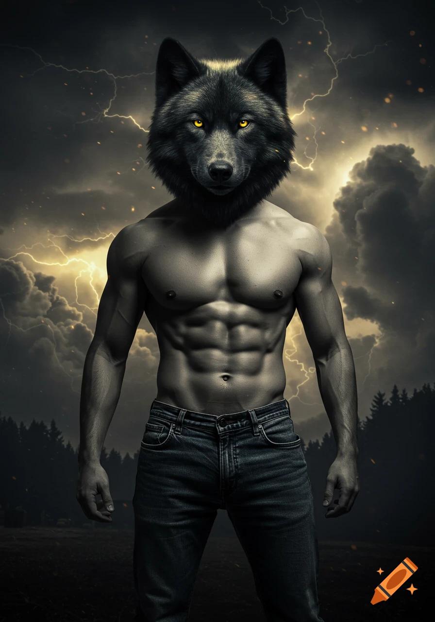 Muscular shirtless man with a black wolf's head and glowing golden eyes, wearing jeans, stands against a stormy, lightning-filled sky with a dark forest in the background.