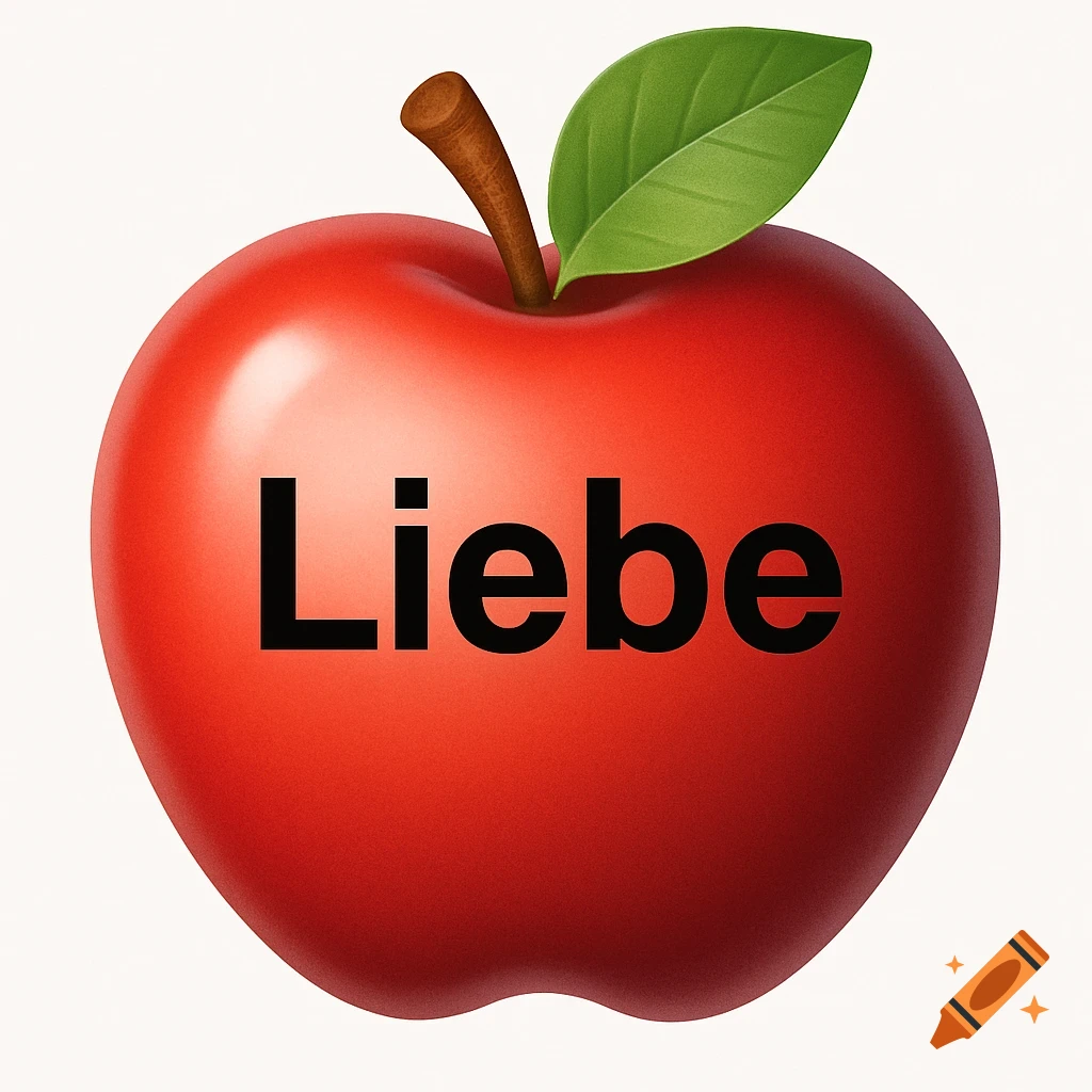 Bright red apple with a stem and green leaf in emoji style, featuring the word 'Liebe' in black on its center, on a white background.