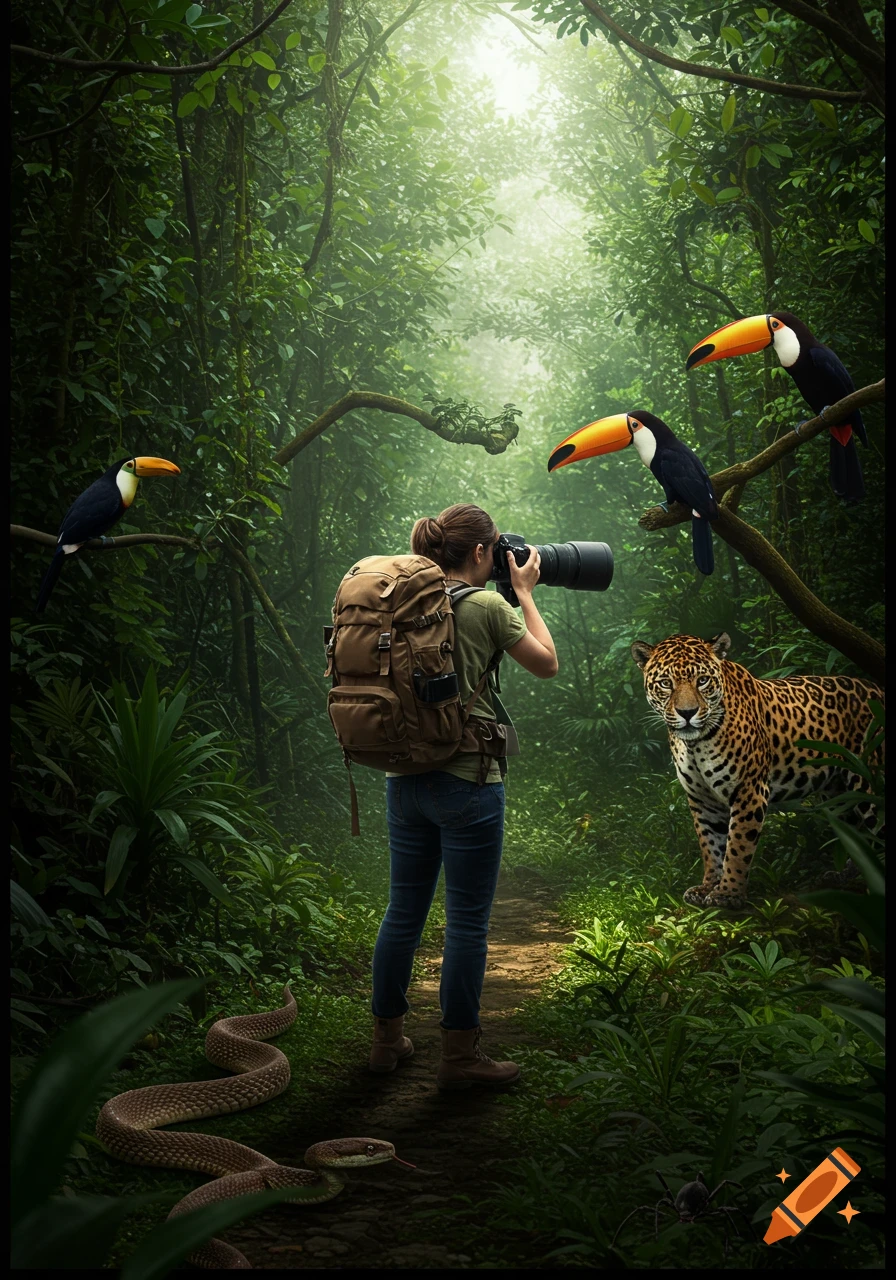 Photorealistic image of a photographer with a backpack and telephoto lens in a vibrant rainforest, observing a jaguar, toucans, and a snake.
