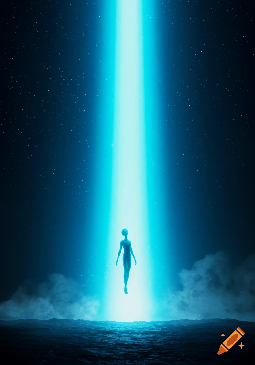A grey alien ascends into a dark, starry sky within a bright, neon blue light beam above a misty, dark landscape.