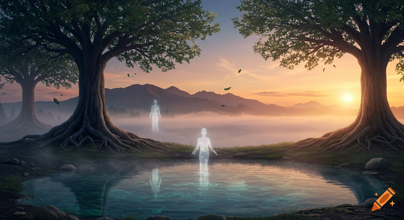 Ethereal figures stand in a pond surrounded by ancient trees and mist at sunset, with mountains in the background.