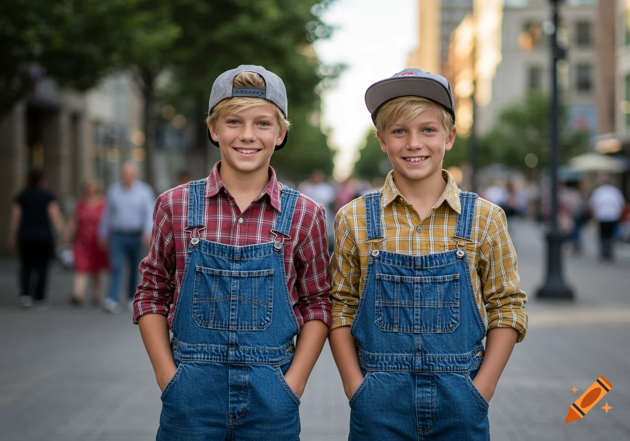 Two smiling blonde boys in denim overalls, plaid shirts, and backward caps stand on a bustling city street.