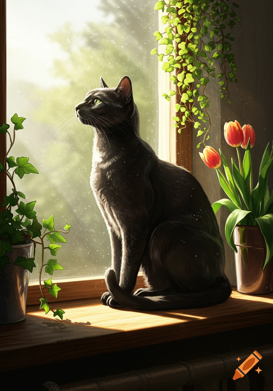 A sleek black cat with green eyes sits on a sunny wooden windowsill, looking thoughtfully outwards, surrounded by potted green ivy and red tulips.