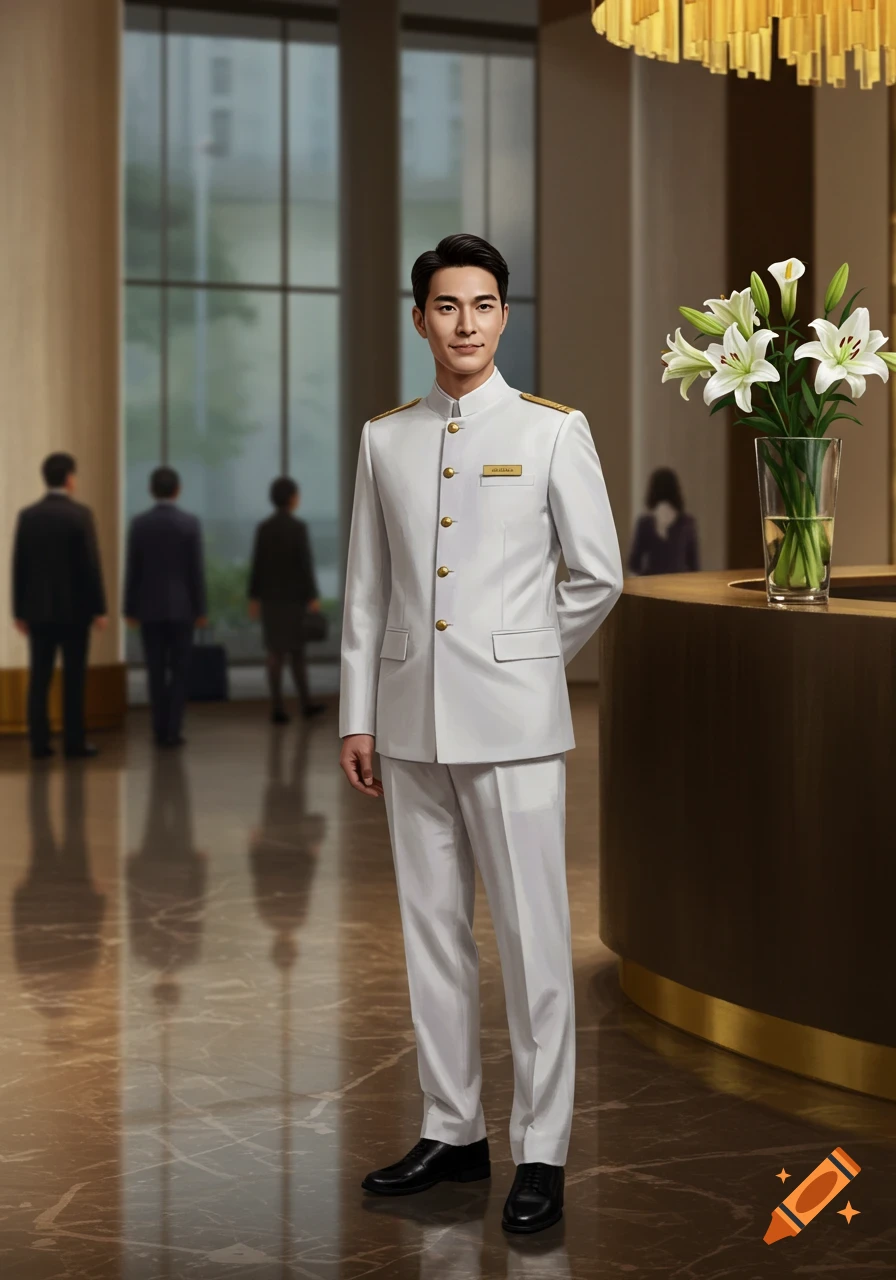 A young man in a white uniform stands in a modern hotel lobby, with a flower arrangement and blurred figures in the background. Digital painting.