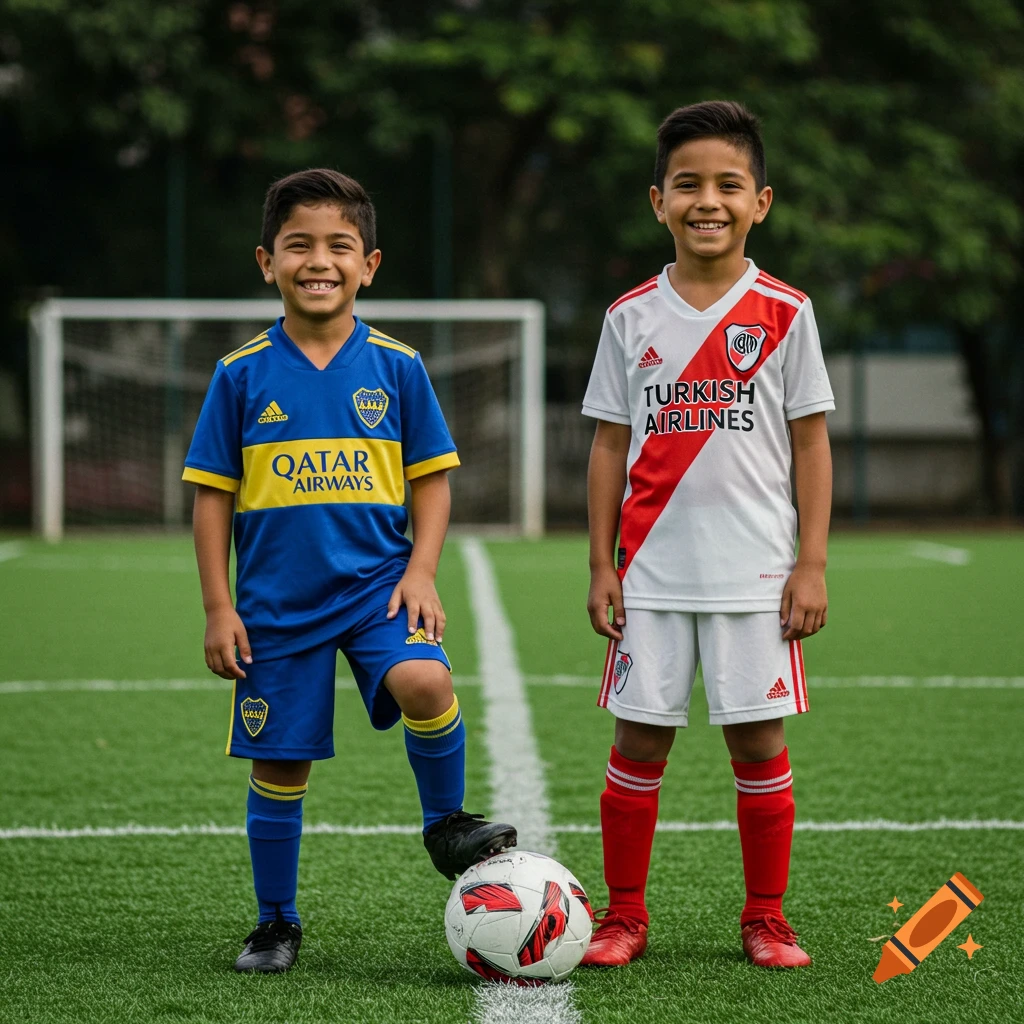 Two smiling boys in soccer jerseys, one in blue and yellow, one in red and white, standing on a field with a soccer ball. Photorealistic.