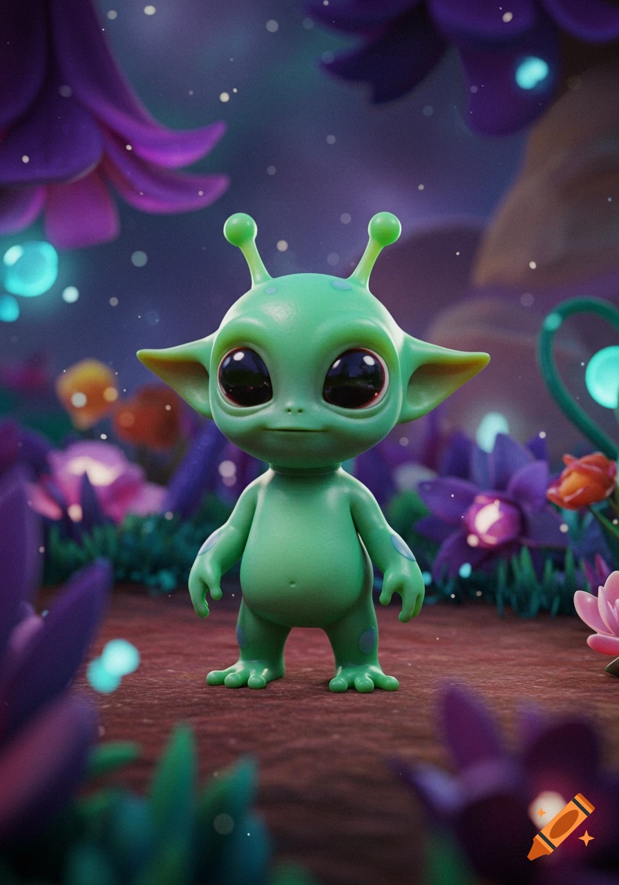 A cute, green, big-eyed alien with antennae stands in a magical forest with glowing purple and pink plants, 3d render.