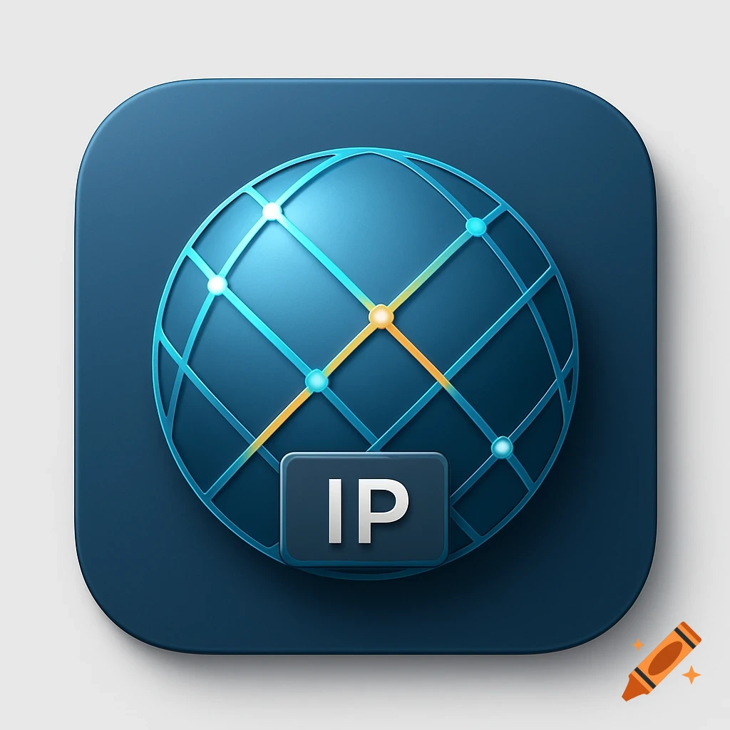 A dark blue macOS app icon featuring a stylized blue globe with a network grid and an 'IP' label.