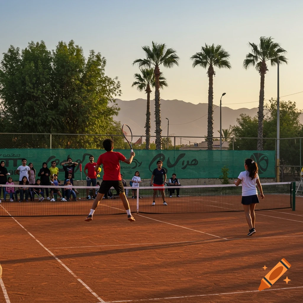 People playing tennis on a clay court with spectators watching, under palm trees and mountains at sunset.