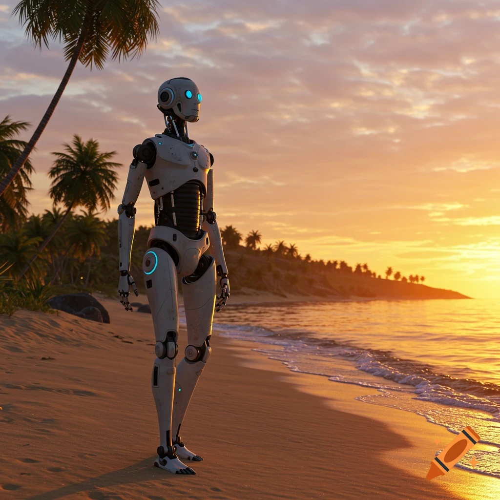 Photorealistic humanoid robot on a sandy beach at sunset, glowing blue eyes, palm trees, and ocean in the background.