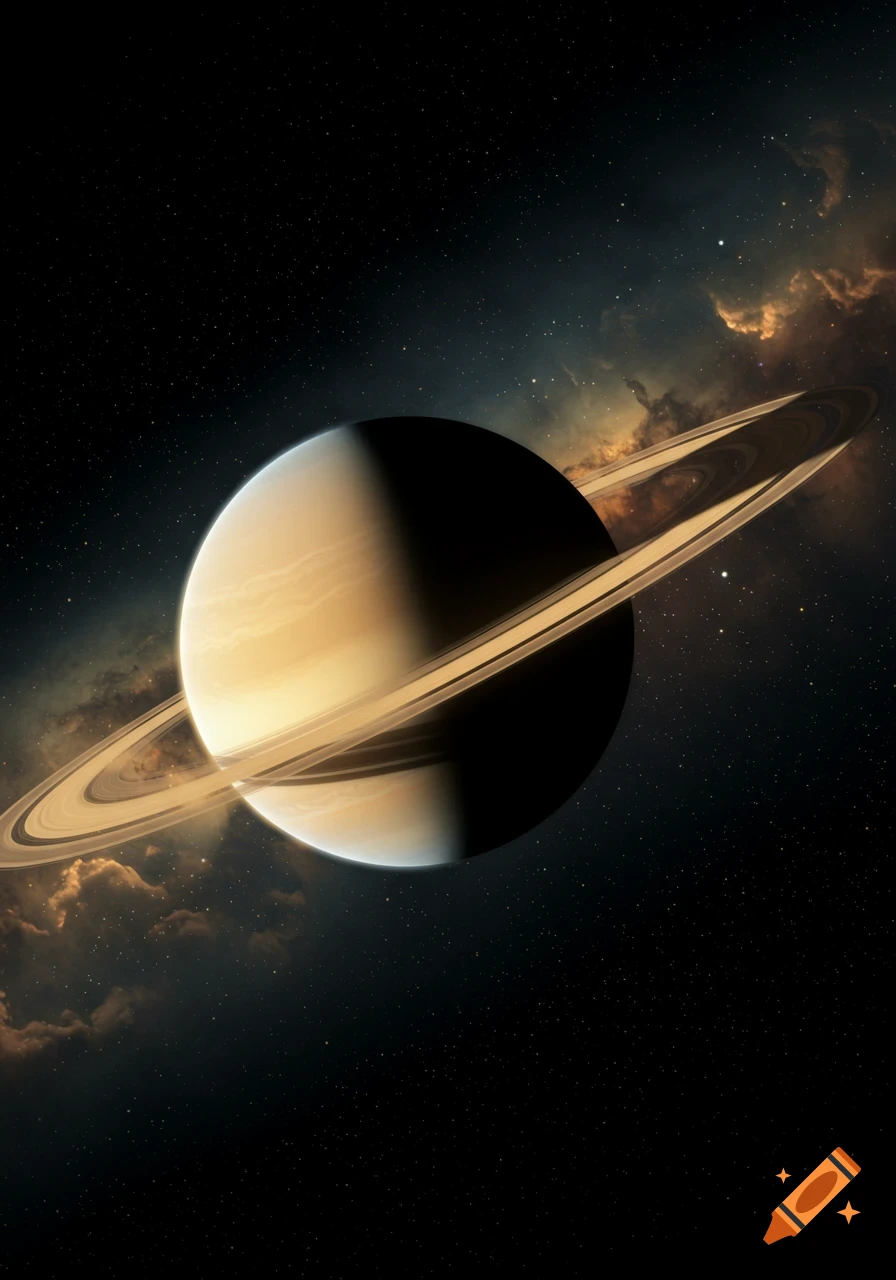 The planet Saturn with its prominent rings is brightly illuminated against a dark, star-filled space with a faint nebula.