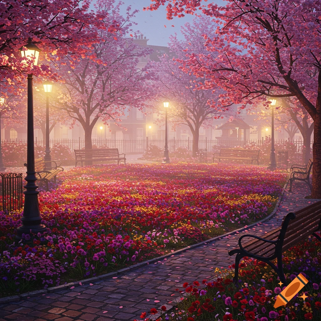 A dreamy park scene with vibrant pink and red flowers, cherry blossom trees, and glowing streetlights at dusk.