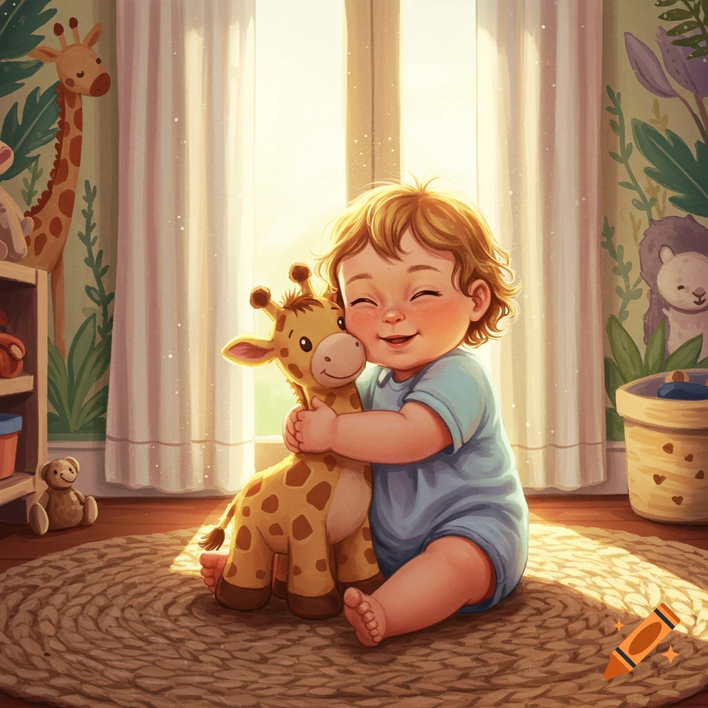 A cute, smiling baby with curly hair hugs a plush giraffe toy in a sunlit nursery, illustrated.