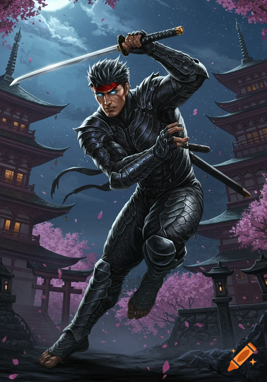 A muscular ninja with a red headband leaps with a katana drawn, set against Japanese pagodas and pink cherry blossoms at night.